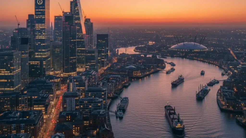 Panoramic view of London's financial district at twilight. City lights begin to twinkle in the buildings as the sun sets behind the horizon, reflecting golden light off the river and industrial ships.